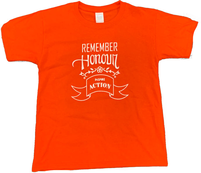 Remember, Honour, & Inspire Action, Orange T-Shirt - YOUTH - English